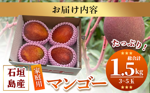 【予約受付】 石垣島産 マンゴー 家庭用（良品）（アーウィン種）3玉～5玉入り1箱（1.5kg×1箱）合計約1.5kg 《2025年6月中旬より順次発送》AE-11