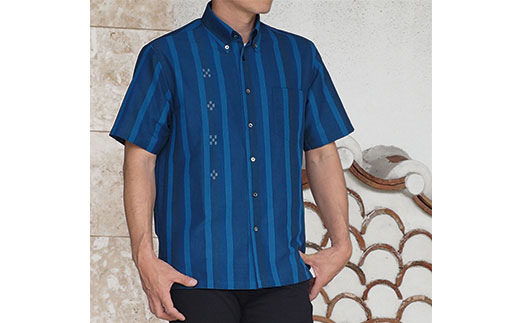 AZ-74 みんさー織 総手織りボタンダウンシャツ（藍ストライプ）Mサイズ