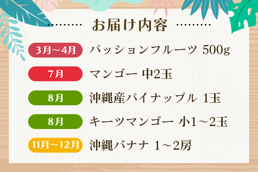 【定期便全5回】沖縄 フルーツ 定期便 5回 パッションフルーツ 沖縄産パイナップル パイン マンゴー キーツマンゴー バナナ フルーツ定期便 旬 フルーツ 果物 くだもの 沖縄マンゴー 定期便 季節の果物 産地直送 沖縄県 糸満市