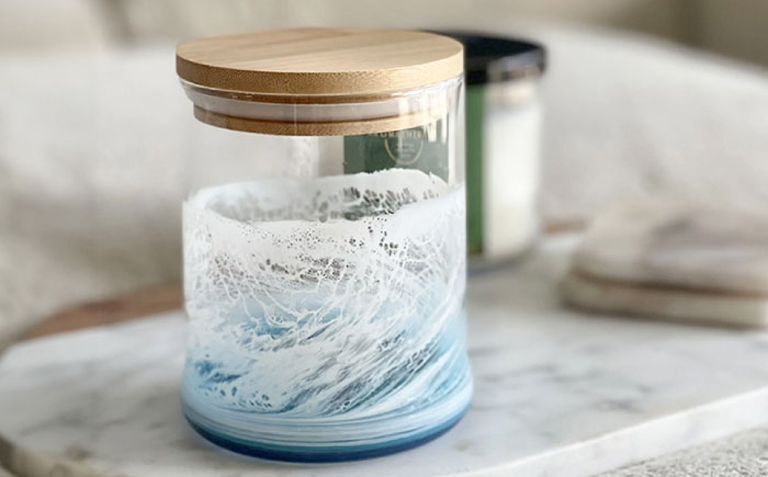 レジンアート 『波のグラス』 キャニスター (ブルーオーシャン) 保存容器 ガラス 密閉 雑貨 おしゃれ 沖縄市 / Kays Artistry [BCAG013]