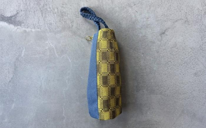 ヤシラミ花織 ワインバッグ 格子モダン (水色・黄焦茶織物) ボトルバッグ ワインケース ワインクーラー 保冷 おしゃれ 沖縄市 / FABRIC SHOP MINAMI [BCCS003-01]