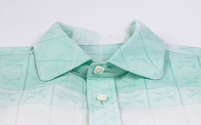サマーシャツ（ミントグリーングラデーション / メンズ）琉球織物 両面浮花織 ファッション フォーマル カジュアル 冠婚葬祭 / 沖縄市 FABRIC SHOP MINAMI [BCCS007]