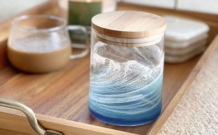 レジンアート 『波のグラス』 キャニスター (ブルーオーシャン) 保存容器 ガラス 密閉 雑貨 おしゃれ 沖縄市 / Kays Artistry [BCAG013]