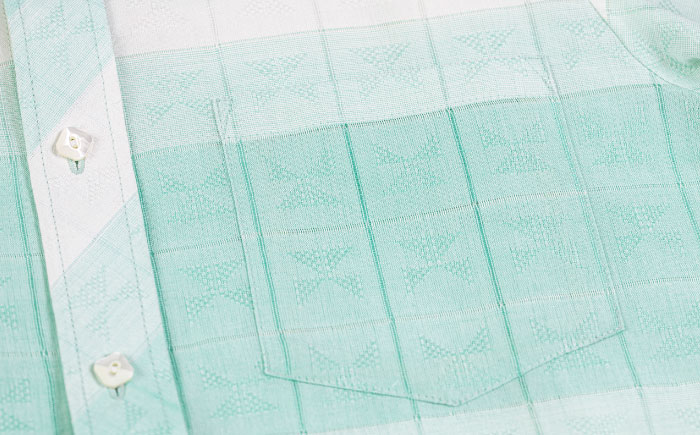 サマーシャツ（ミントグリーングラデーション / メンズ）琉球織物 両面浮花織 ファッション フォーマル カジュアル 冠婚葬祭 / 沖縄市 FABRIC SHOP MINAMI [BCCS007]