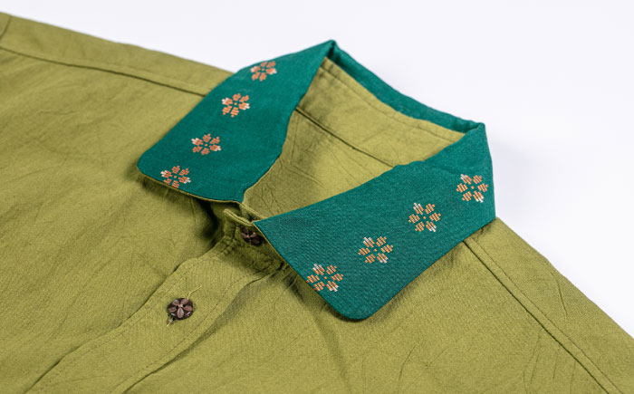 サマーシャツ（ティーグリーン / メンズ）琉球織物 経浮花織入り メンズ ファッション フォーマル カジュアル 冠婚葬祭 / 沖縄市 FABRIC SHOP MINAMI [BCCS012]