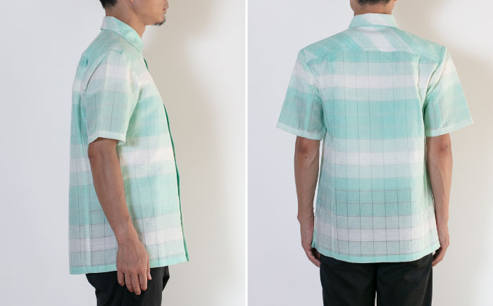 サマーシャツ（ミントグリーングラデーション / メンズ）琉球織物 両面浮花織 ファッション フォーマル カジュアル 冠婚葬祭 / 沖縄市 FABRIC SHOP MINAMI [BCCS007]