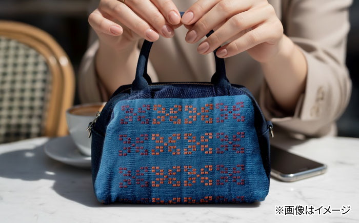 経浮花織 ランチポーチ+plus リーフ柄 (紺色・青系織物) ハンドバッグ 手提げバッグ 小さめ おしゃれ レディース 沖縄市 / FABRIC SHOP MINAMI [BCCS002-02]