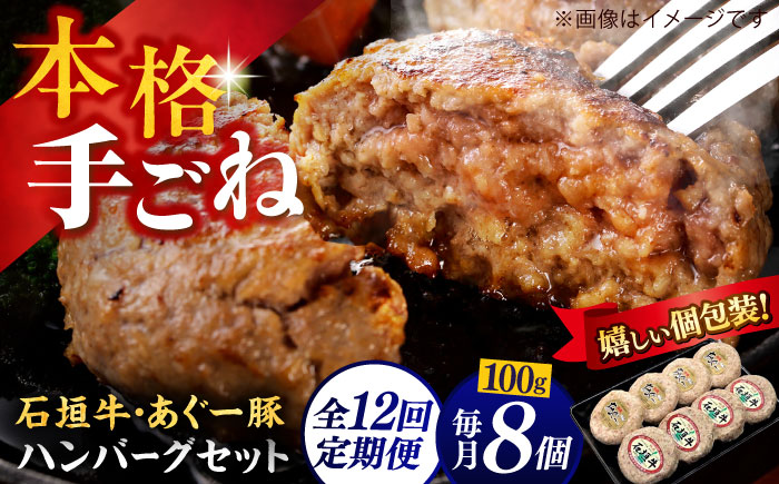 【全12回定期便】沖縄県産 あぐー豚＆石垣牛 ハンバーグセット 800g (100g×8個) 豚 牛 ハンバーグ 冷凍 ギフト お取り寄せ 沖縄市 / お肉屋本店 [BCAZ017]