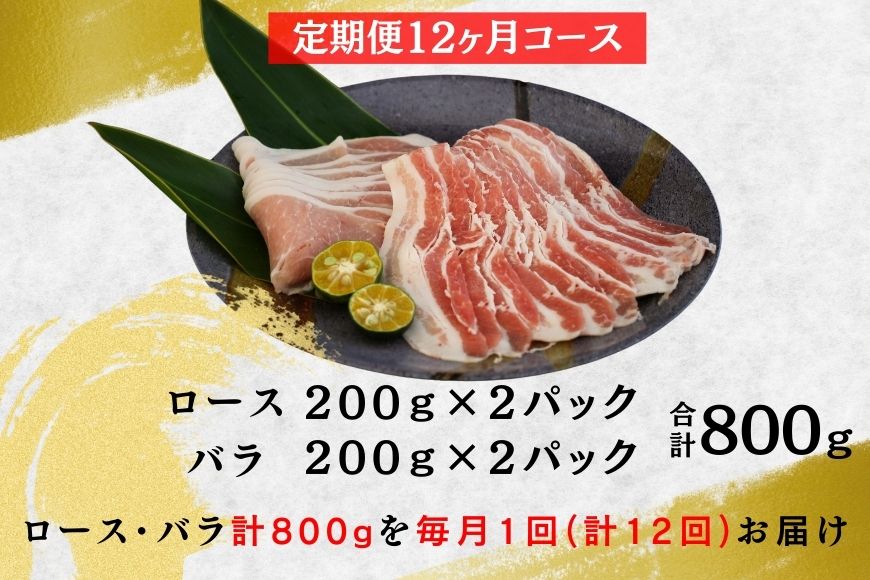 【12ヶ月定期便】「くんじゃん豚」しゃぶしゃぶセット800g（バラ・ロース）総量9.6kg