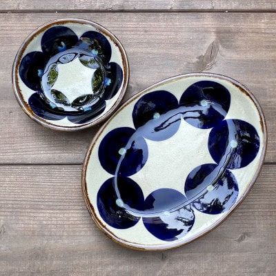 ヤチムン　青丸紋オーバル皿・小鉢　2枚セット　エドメ陶房【1461535】