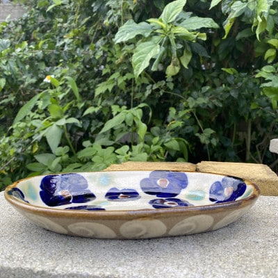 ヤチムン　オーバル皿花紋　2枚セット　エドメ陶房【1375092】