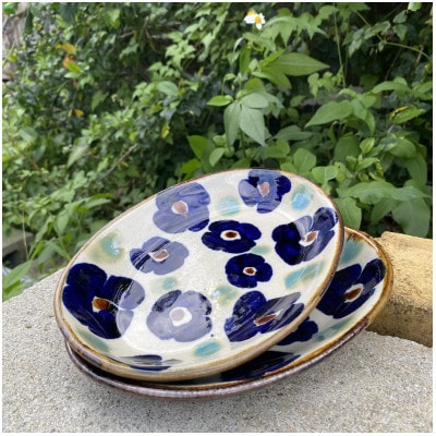 ヤチムン　オーバル皿花紋　2枚セット　エドメ陶房【1375092】