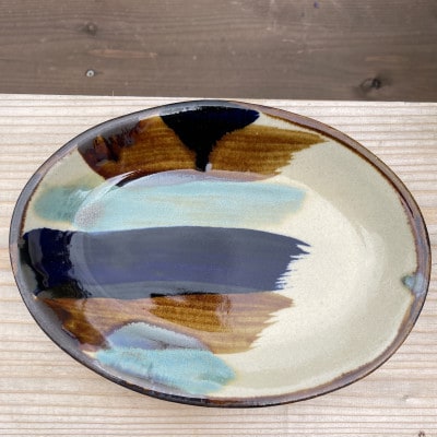 ヤチムン　ライン紋オーバル皿・小鉢　2枚セット　エドメ陶房【1492773】