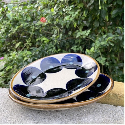 ヤチムン　オーバル皿青丸紋　2枚セット　エドメ陶房【1368685】