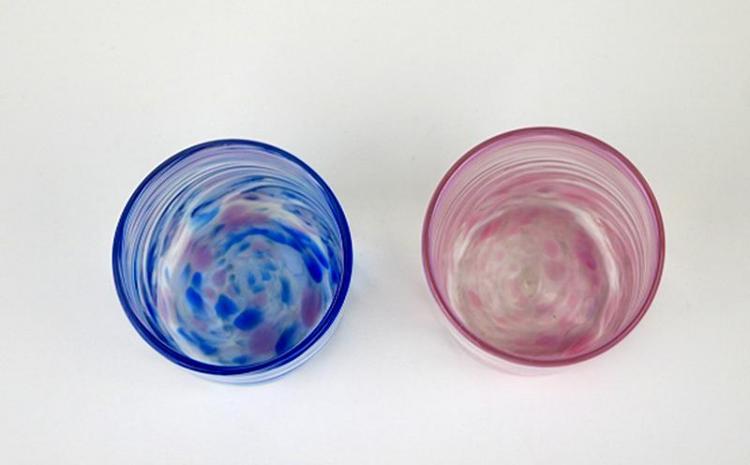 『現代の名工』宮国次男作　琉球ガラス　桜吹雪（ブルー＆ピンク）2個セット