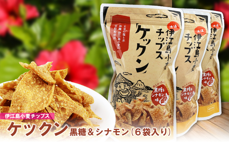 伊江島産全粒粉を使った　伊江島小麦チップス「ケックン」黒糖＆シナモン味×6袋 EM 独特な風味 軽い食感 ご当地 おやつ おつまみ お菓子 トルティーヤチップス サルサ お気に入り 美味しい 人気 沖縄 離島 クセになる 国産 お土産 送料無料 産地直送 楽しみ