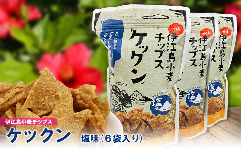 伊江島産全粒粉を使った　伊江島小麦チップス「ケックン」塩味×6袋 EM 独特な風味 軽い食感 ご当地 おやつ おつまみ お菓子 トルティーヤチップス サルサ お気に入り 美味しい 人気 沖縄 離島 クセになる 国産 お土産 送料無料 産地直送 楽しみ