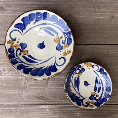 やちむん 唐草紋様(染付)青 2点セット〈5寸皿・茶碗〉【1506698】