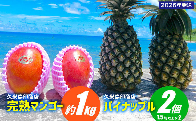 【2026年発送】久米島印商店 完熟マンゴー約1kg&パイナップル（Ｎ67-10）2個（1.5kg以上×2） マンゴー パイナップル セット 甘い 酸味 バランス 人気 贈り物 ギフト フルーツ 果物 デザート スムージー ジュース アイス ヨーグルト ジャム 南国 沖縄 久米島