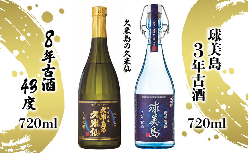 【久米島の久米仙】「球美島 3年古酒 720ml」「8年古酒43度 720ml」 泡盛 蒸留酒 焼酎 アルコール 酒 酵母 発酵 米 黒麹 米麹 熟成 古酒 限定 受賞 長期貯蔵 化粧箱 贈答 ギフト お土産 沖縄