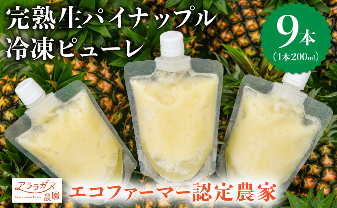 水なし、加熱なし、砂糖なし！天然まるごと！完熟生パイナップル冷凍ピューレ200ml×9本セット