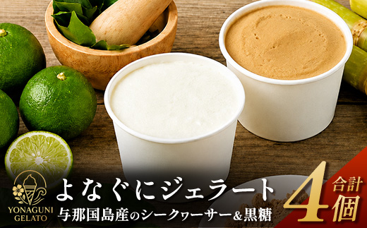 よなぐにジェラート （与那国島産のシークヮーサー ＆ 黒糖） 各2個  合計4個 KM-1│沖縄県 与那国町 与那国島 スイーツ デザート おやつ ジェラート アイス シークヮーサー 黒糖 食べ比べ セット 贈答 ギフト