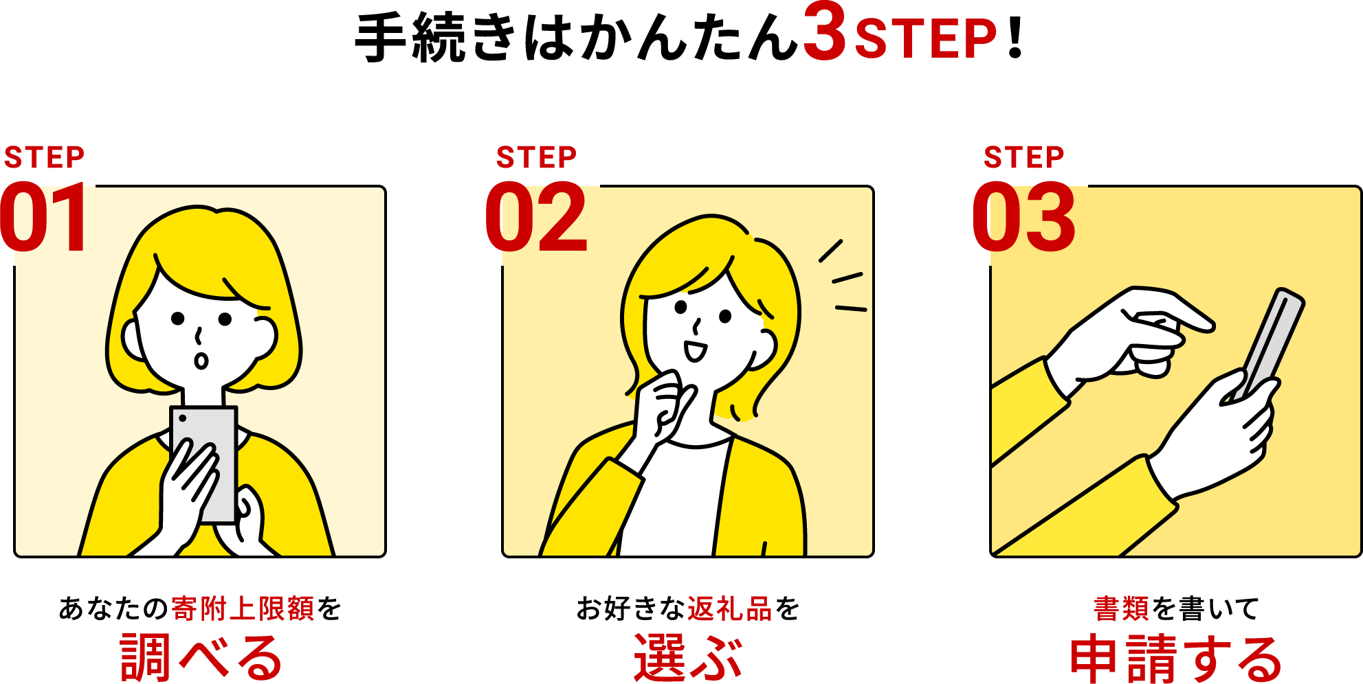 手続きはかんたん3STEP！ STEP01 あなたの寄附上限額を調べる STEP02 お好きな返礼品を選ぶ STEP03 書類を書いて申請する