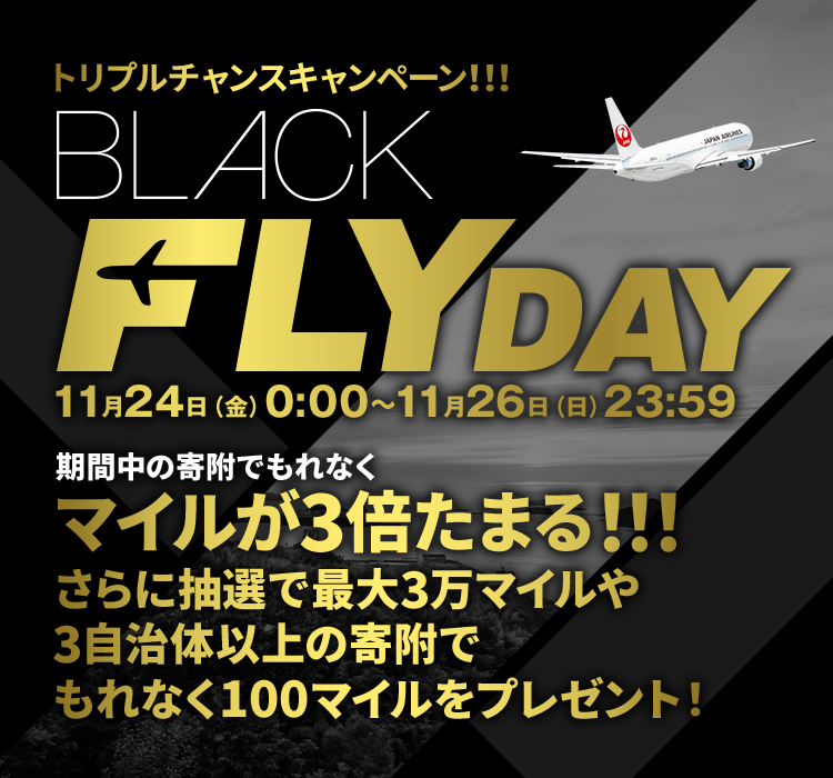 BLACK-FRIDAY 11月25日(金)0:00~11月27日(日)23:59 3日間限定の特別なキャンペーン 期間中の寄附は何度でも通常の3倍マイルがたまる!