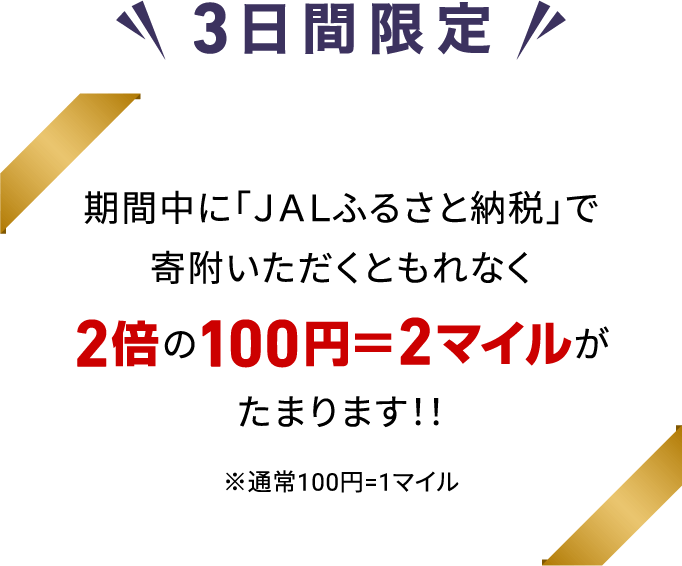 3日間限定 期間中に「ＪＡＬふるさと納税」で寄附いただくともれなく2倍の100円＝2マイルがたまります！！ ※通常100円=1マイル