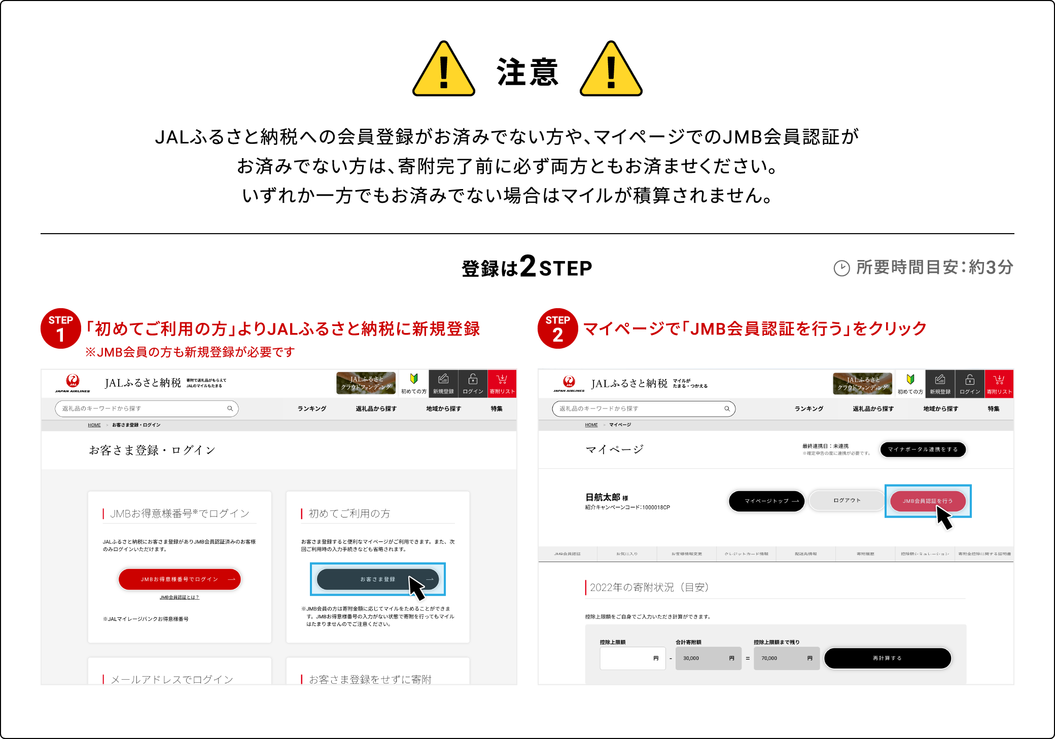 注意 JALふるさと納税に未登録の方は返礼品確定前に必ず登録をお願いいたします。未登録ではマイルが積算されません。 登録は2STEP 所要時間目安：約3分 STEP01 初めてご利用の方よりJALふるさと納税に新規登録 ※JMB会員の方も新規登録が必要です STEP02 マイページで「JMB会員認証を行う」をクリック