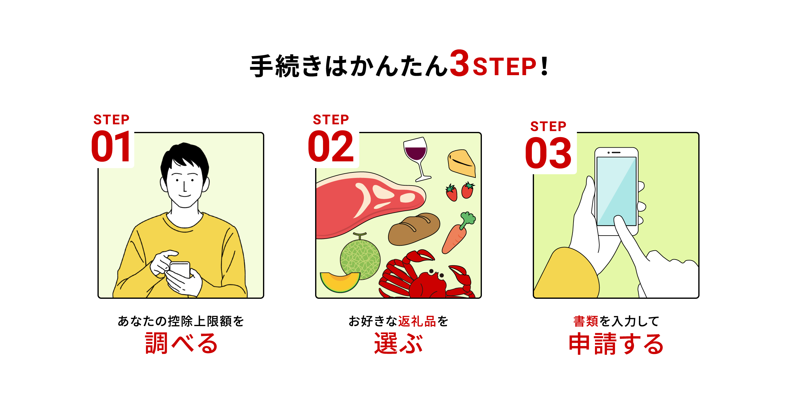 手続きはかんたん3STEP！ STEP01 あなたの控除上限額を調べる STEP02 お好きな返礼品を選ぶ STEP03 書類を書いて申請する