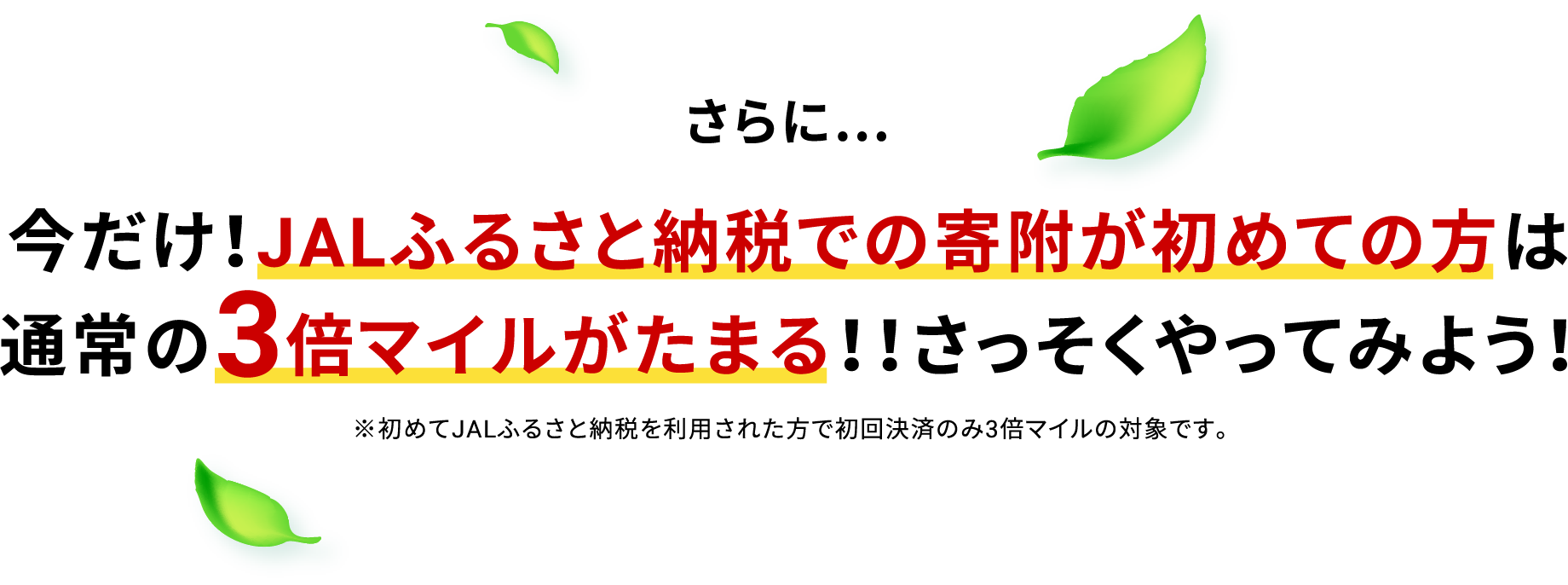 さらに…今だけ！初めて寄附を利用された方は通常の5倍マイルがたまる！！さっそくやってみよう！※初めて寄附を利用された方で初回決済のみ3倍マイルの対象です。