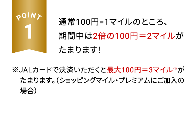 POINT1 通常100円=1マイルのところ、期間中は2倍の100円＝2マイルがたまります！※JALカードで決済いただくと最大100円＝3マイル※がたまります。（ショッピングマイル・プレミアムにご加入の場合）
