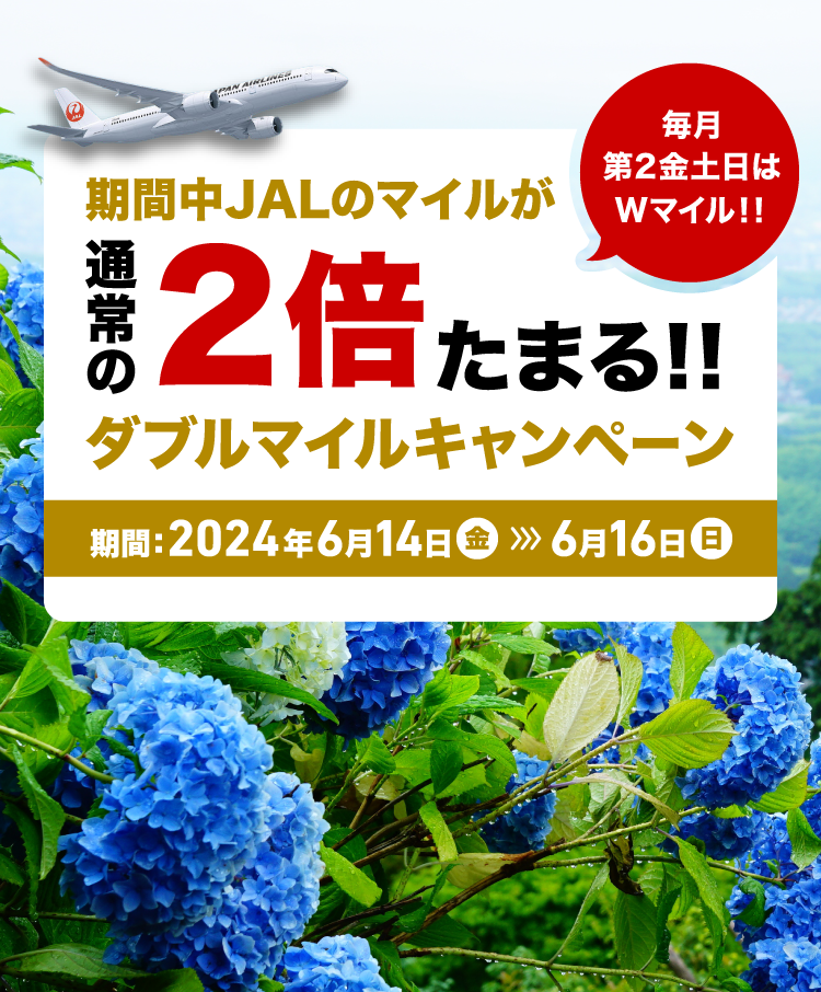 期間中JALのマイルが通常の2倍たまる！！ダブルマイルキャンペーン　期間：2024年6月14日金曜日から6月16日日曜日まで 毎月第2金土日はWマイル！！