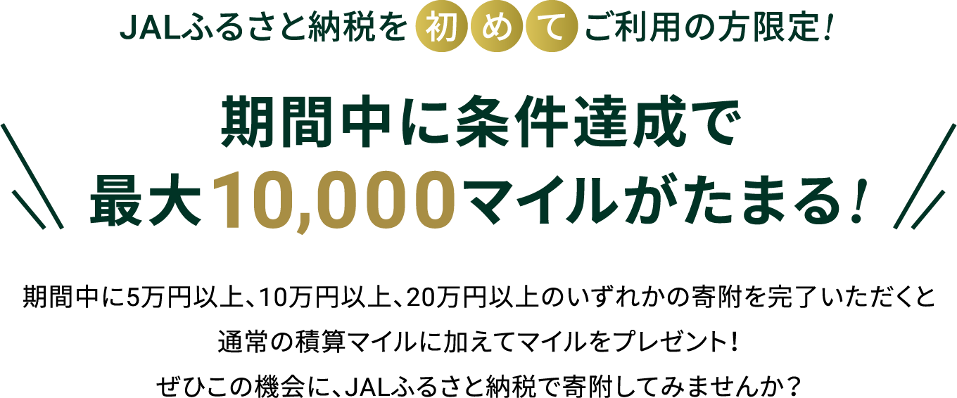 JALふるさと納税での寄附が初めての方限定　期間中に条件達成で最大10,000マイルがたまる！期間中に5万円以上、10万円以上、20万円以上のいずれかの寄附を完了いただくと通常の積算マイルに加えてマイルをプレゼント！ぜひこの機会に、JALふるさと納税で寄附してみませんか？