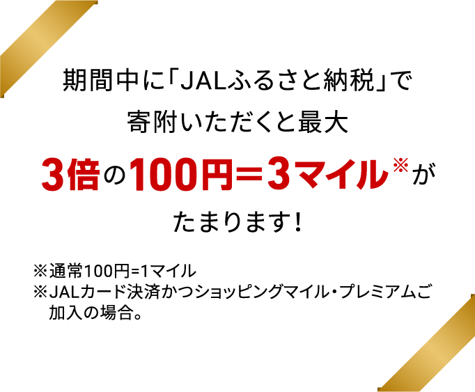 期間中に「ＪＡＬふるさと納税」で寄附いただくと最大3倍※の100円＝3マイルがたまります！※通常100円=1マイル ※JALカード決済かつショッピングマイル・プレミアム加入の場合