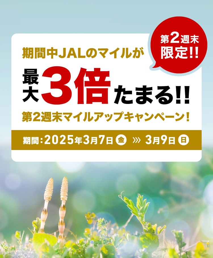 第2週末限定!!期間中JALのマイルが最大3倍たまる！！第2週末マイルアップキャンペーン！期間：2025年3月7日（金）から3月9日（日）