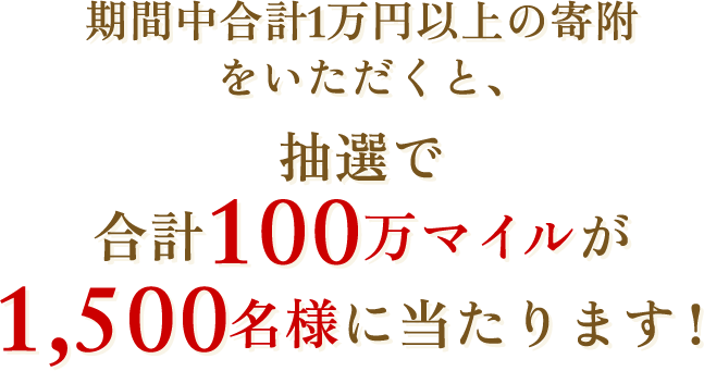 期間中合計1万円以上の寄附をいただくと、抽選で合計100万マイルが1,500名様に当たります！新年を迎える前にぜひJALふるさと納税で寄附してみませんか？
