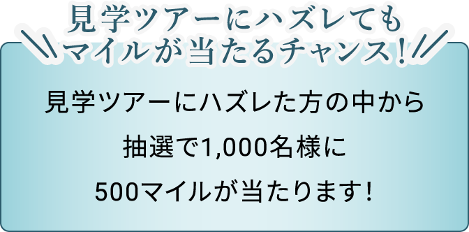 見学ツアーにハズレてもマイルが当たるチャンス！見学ツアーにハズレた方の中から抽選で1,000名様に500マイルが当たります！