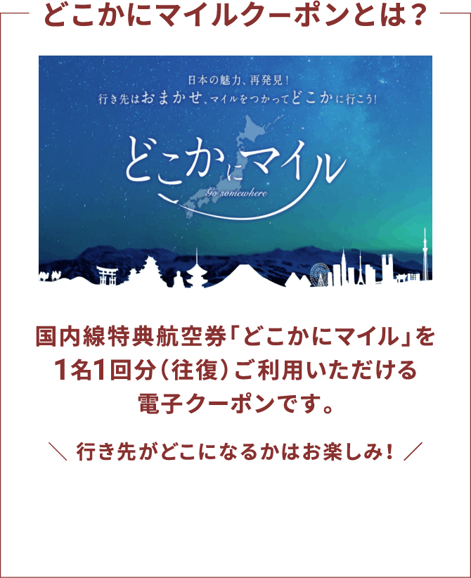 どこかにマイルクーポンとは？国内線特典航空券「どこかにマイル」を1名1回分（往復）ご利用いただける電子クーポンです。行き先がどこになるかはお楽しみ！