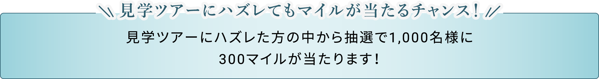 見学ツアーにハズレてもマイルが当たるチャンス！見学ツアーにハズレた方の中から抽選で1,000名様に300マイルが当たります！