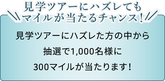 見学ツアーにハズレてもマイルが当たるチャンス！見学ツアーにハズレた方の中から抽選で1,000名様に300マイルが当たります！