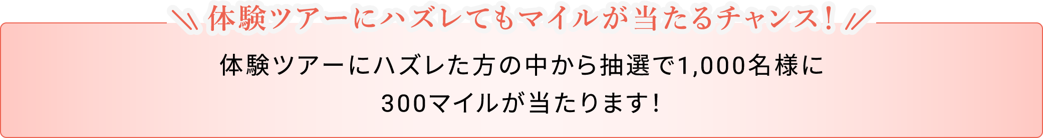 体験ツアーにハズレてもマイルが当たるチャンス！体験ツアーにハズレた方の中から抽選で1,000名様に300マイルが当たります！