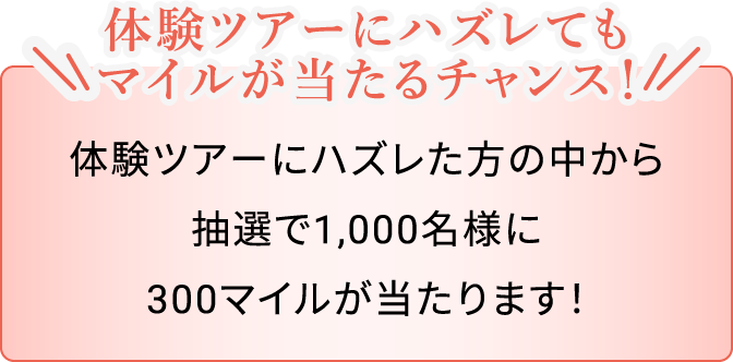 体験ツアーにハズレてもマイルが当たるチャンス！体験ツアーにハズレた方の中から抽選で1,000名様に300マイルが当たります！