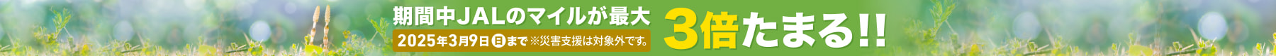 期間中 JALのマイルが最大3倍たまる!! 2025年3月9日(金)まで ※災害支援は対象外です。