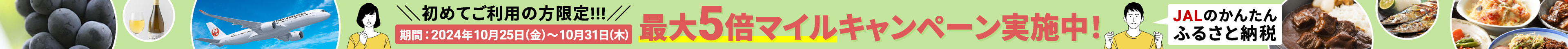 ＼初めてご利用の方限定!!!／ 期間：2024年10月25日(金)～10月31日(木) 4倍マイルキャンペーン実施中!JALのかんたんふるさと納税