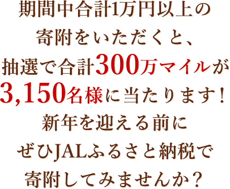 期間中合計1万円以上の寄附をいただくと、抽選で合計300万マイルが3,150名様に当たります！新年を迎える前にぜひJALふるさと納税で寄附してみませんか？